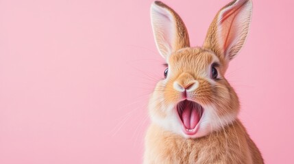 Fototapeta premium A rabbit standing in front of a pink background has its tongue out