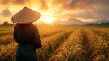 Fototapeta premium A woman is standing in a field of grass while wearing a straw hat