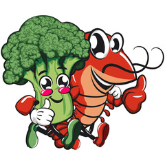 Cute broccoli vegatable vektor illustration mascot character with a shrimp character while giving thumbs up, work of hand drawn