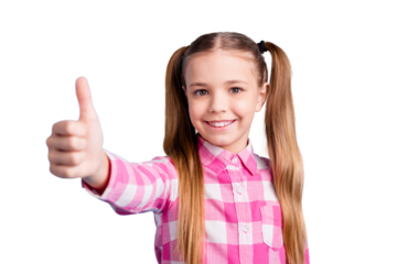 Close up photo beautiful amazing she her little lady thumb finger up tips promo advising test school best student vacation mood wear casual checkered plaid pink shirt isolated bright blue background