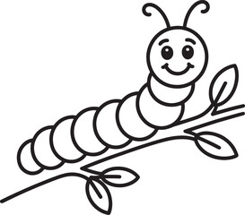 Happy cartoon caterpillar perched on a branch with leaves in outline style perfect for illustrations