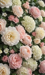 Elegant vintage-style artificial flower wall; pastel roses, hydrangeas, and peonies ,  pastel floral design,  floral wall,  pastel background