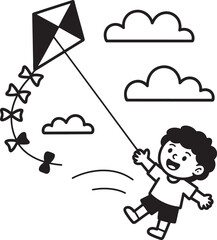 Happy child playing with a kite joyfully flying in the sky with cloud elements