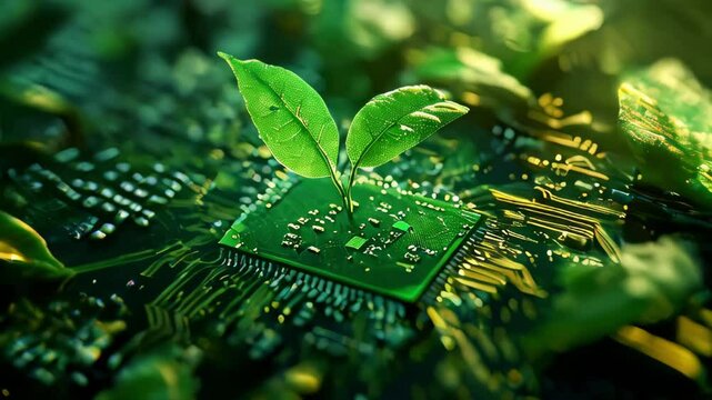 A close-up of a computer motherboard with a small green sprout poking through the center of the chip. The concept of growth, innovation and sustainability.