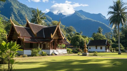 Traditional Thai temple gables with golden Naga finials against sky