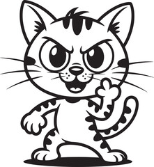 Playful black and white cartoon cat waving with grinning facial expression for design projects