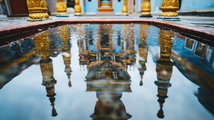 Fototapeta premium Water basin reflecting temple gables and golden columns in detail