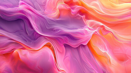 Obraz premium A realistic 4K abstract background featu a side view of harmonious 3D waves with vibrant purple, pink, orange, and yellow colors creating a dreamy scene.
