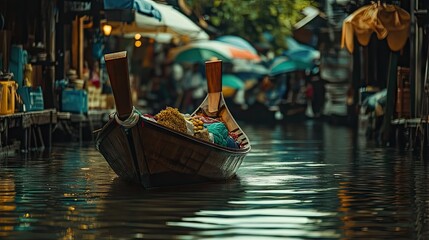 Obraz premium Wooden long-tail boat moored at the edge of a floating market canal