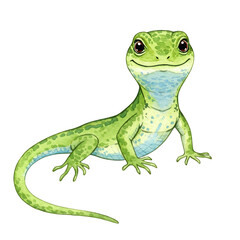 Obraz premium Cute Watercolor Illustration of a Green Lizard isolated on white background.