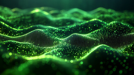 Abstract digital landscape with shimmering green particles