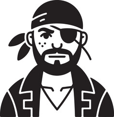 Stylized black and white vector illustration of a pirate with an eye patch and bandana