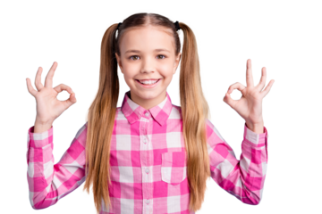 Close up photo beautiful amazing she her little lady fingers hands arms okey symbol advising test school best student feedback wear casual checkered plaid pink shirt isolated bright blue background