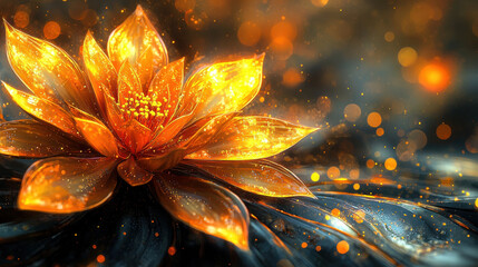 3D abstract background with a luminous golden flower creating realistic impressions with dreamy bokeh and soft light effects, giving it artistic expression.