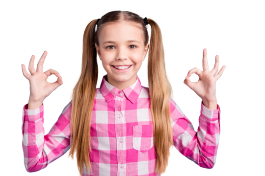 Close up photo beautiful amazing she her little lady fingers hands arms okey symbol advising test school best student feedback wear casual checkered plaid pink shirt isolated bright blue background