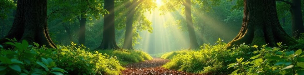 Sun-dappled canopy, green and brown forest floor, environment, season, ecosystem