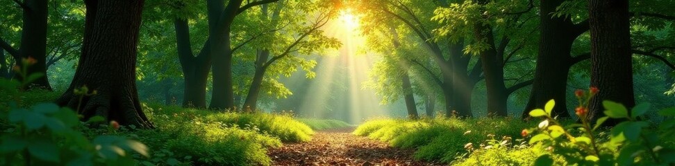 Sun-dappled canopy, green and brown forest floor, wildlife, canopy