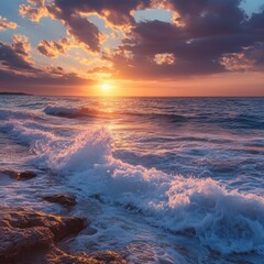 Stunning sunset over ocean waves