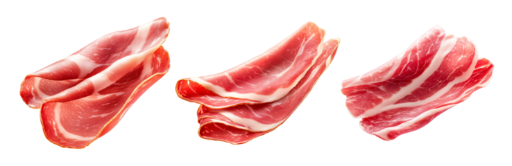 Set of Slices of cured meat Prosciutto arranged in layers, isolated on white transparent background, concept of gourmet food and delicacy