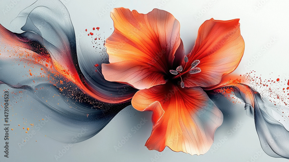 Poster ethereal 3d background depicts an abstract flower composition with realistic textures and gentle col