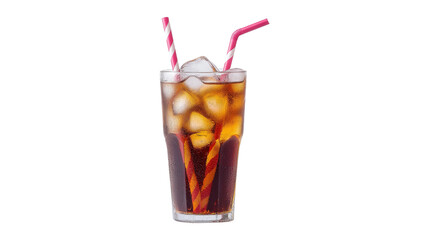 A glass of soda with a straw in it. The straw is pink and has a striped design