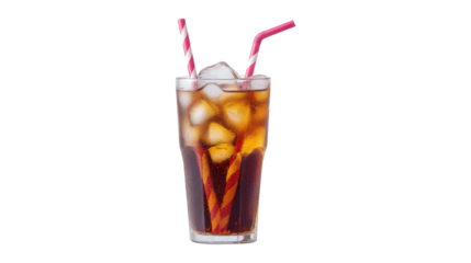 A glass of soda with a straw in it. The straw is pink and has a striped design