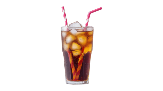 A glass of soda with a straw in it. The straw is pink and has a striped design