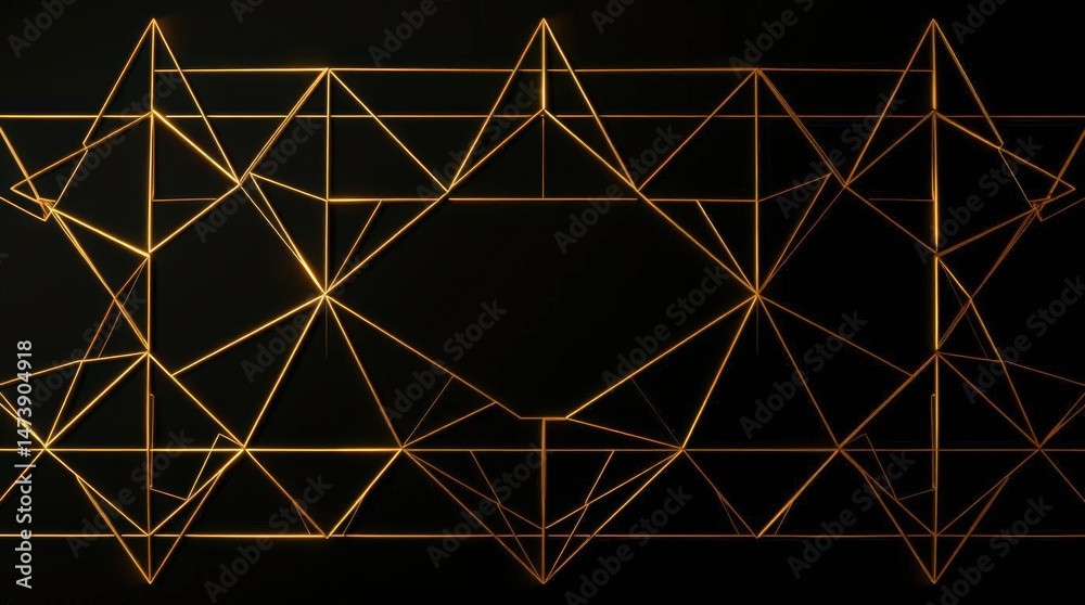 Poster abstract geometric patterns illuminate a dark backdrop with intricate golden lines and shapes dancin