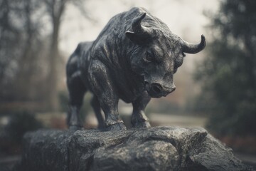 Fototapeta premium Dark metal bull statue atop a rocky outcrop.