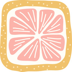 Artistic hand drawn illustration of square grapefruit. Vector drawing of citrus fruit slice with raw juicy pulp isolated on white background. Drawing of summer vitamin dessert for your printing.