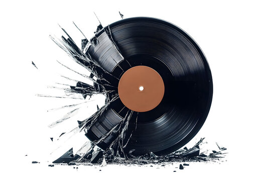 A broken vinyl record on a light background. Space for text.