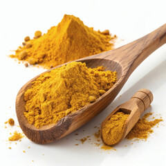 Ground turmeric powder in wooden spoon on white background, close up macro shot showing vibrant yellow spice texture and natural grain details.
