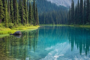 Obraz premium Serene lake with calm water and reflections of surrounding trees.