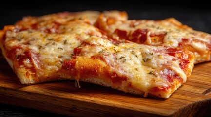 Square pizzas with tomato sauce, cheese, and herbs