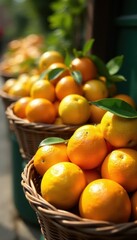 Sun-drenched citrus fruits, overflowing baskets, market stall, green, organic