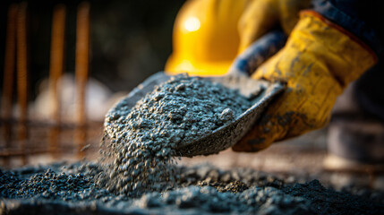 A construction worker using a shovel to mix cement.