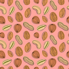 Vibrant line-art pattern with a mix of nuts on a warm peachy-pink background. Perfect for packaging, kitchen decor, and food-themed design projects. Vector illustration EPS10.
