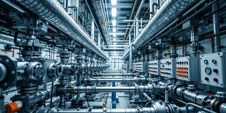 Modern Factory Machinery Close-up with Pipes and Valves
