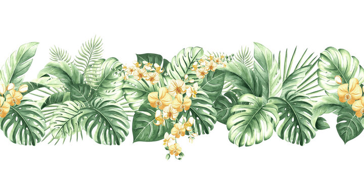 watercolor tropical leaves and yellow flowers border clip art preview