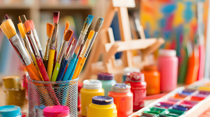 Colorful brushes stand upright on artist's table indoors studio details