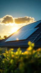 Solar panels on a home roof at sunset