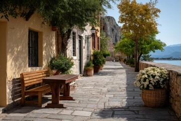 Mediterranean Street Scene: Tranquil Stone Path, Rustic Charm