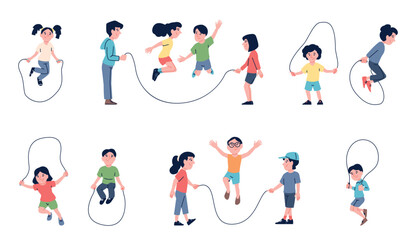 Children jump skipping rope. Outdoor kids activity, personal and play with friends. Aerobic workout, jumpers on jumping ropes, recent vector set © LadadikArt