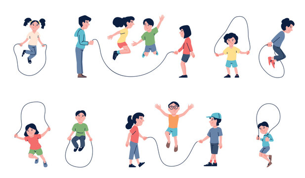 Children jump skipping rope. Outdoor kids activity, personal and play with friends. Aerobic workout, jumpers on jumping ropes, recent vector set