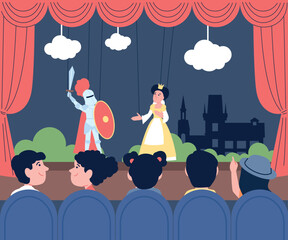 Obraz premium Puppet show for children. Kids watching theatrical production in theater, fairytale entertainment for young audience with marionettes, recent vector scene