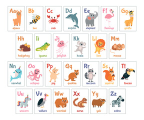 Fototapeta premium Children alphabet cards with animals. Educational preschool or kindergarten elements for teachild reading. Cute cartoon animal, classy vector set