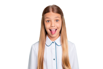 Close-up portrait of nice-looking attractive lovely winsome charming girlish funny cheerful cheery crazy pre-teen girl showing tongue out isolated on bright vivid shine blue green turquoise background