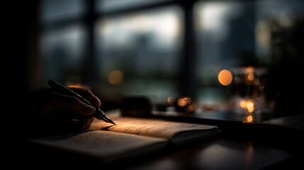 A notebook dwell on a table with a hand jot down notes, background softly blurred.
