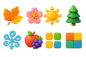 Nature and seasons 3d icons set &ndash; colorful, creative, landscape and weather graphics