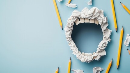 Obraz premium Screaming mouth formed from crumpled paper and broken pencils, visual metaphor